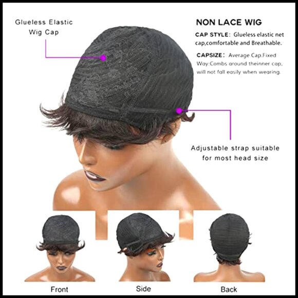 Short Pixie Cut Bob Wig Brazilian Human Hair Tangle Free Adjustable Cap